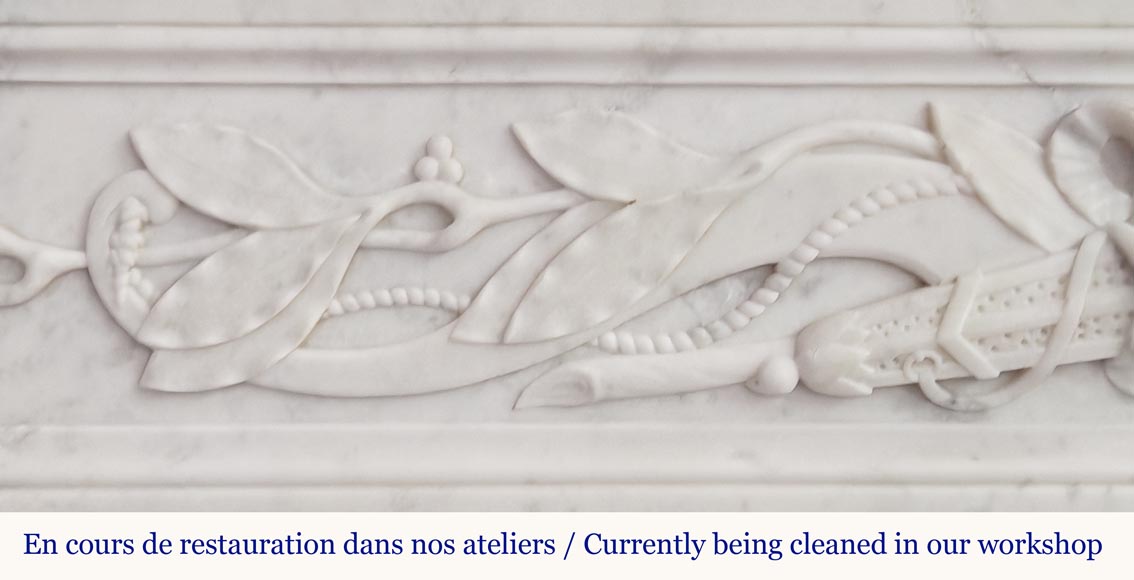 Louis XVI style fireplace in Carrara marble decorated with a bow and a quiver Louis XVI style fireplace in Carrara marble decorated with a bow and a quiver-3