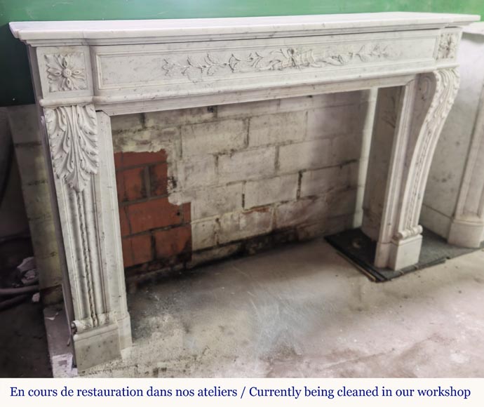 Louis XVI style fireplace in Carrara marble decorated with a bow and a quiver Louis XVI style fireplace in Carrara marble decorated with a bow and a quiver-6