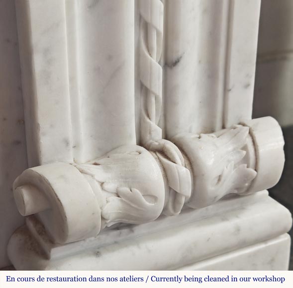 Louis XVI style fireplace in Carrara marble decorated with a bow and a quiver Louis XVI style fireplace in Carrara marble decorated with a bow and a quiver-12