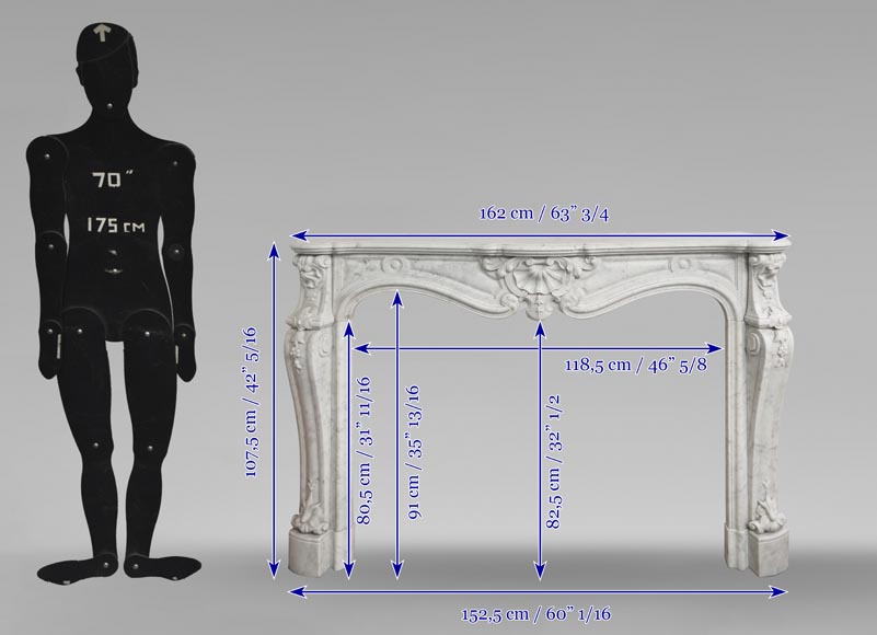 Large Louis XV style fireplace in Carrara marble decorated with shells and flowers Large Louis XV style fireplace in Carrara marble decorated with shells and flowers-10