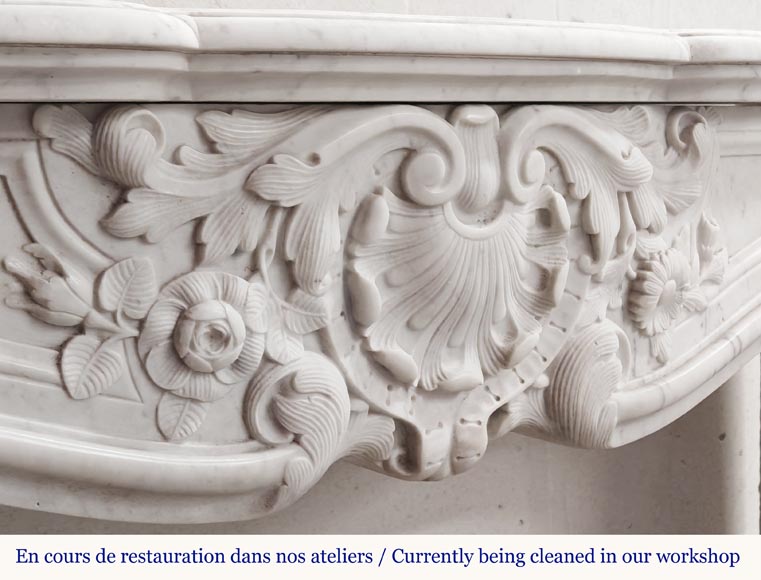 Louis XV style fireplace in Carrara marble, with shell and flower decoration Louis XV style fireplace in Carrara marble, with shell and flower decoration-3