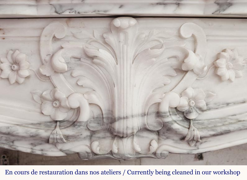 Louis XV style fireplace with floral palmette, in Arabescato marble-2