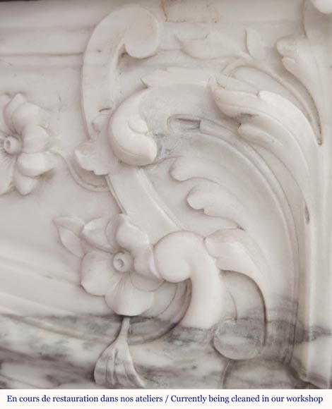 Louis XV style fireplace with floral palmette, in Arabescato marble-5