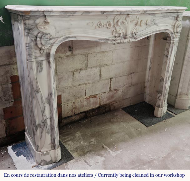 Louis XV style fireplace with floral palmette, in Arabescato marble-6