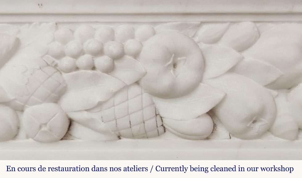 Napoleon III style fireplace in statuary marble, decorated with fruit and a goat's head-3