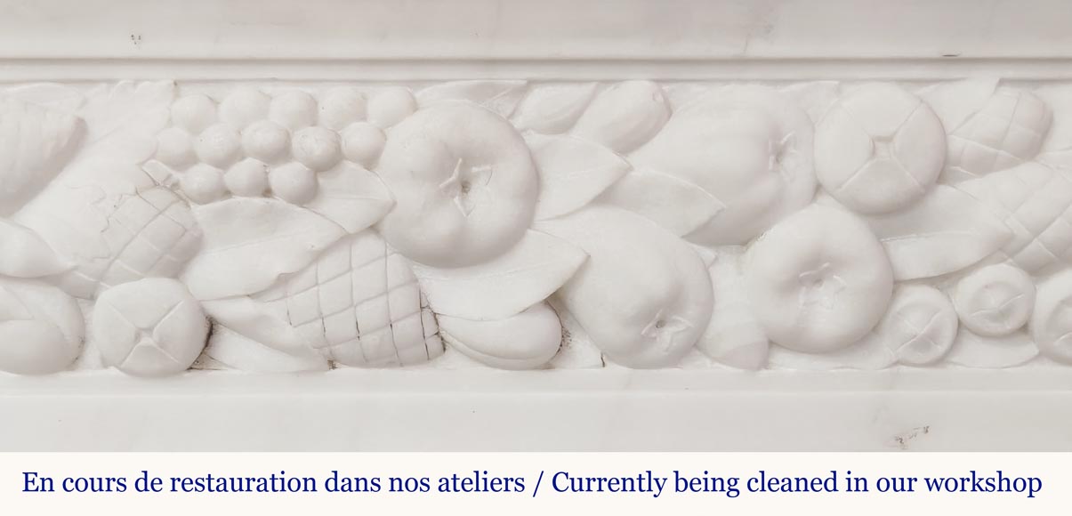 Napoleon III style fireplace in statuary marble, decorated with fruit and a goat's head-4