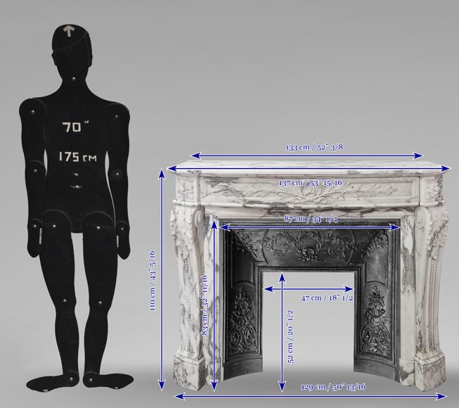 Curved Louis XVI style fireplace in Arabescato marble, decorated with a laurel wreath Curved Louis XVI style fireplace in Arabescato marble, decorated with a laurel wreath-13