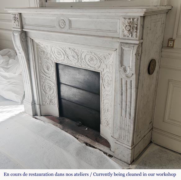Louis XVI style fireplace in Carrara marble with sunflowers Louis XVI style fireplace in Carrara marble with sunflowers-5