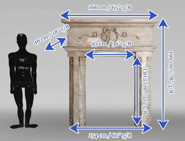 Carved stone fireplace with three-faced mask decoration-8