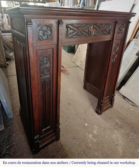  Neo-Gothic style fireplace with napkin fold decoration, in oak wood-2