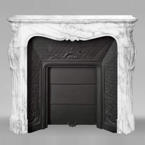 Louis XV style fireplace with a pretty asymmetrical palmette, in Arabescato marble