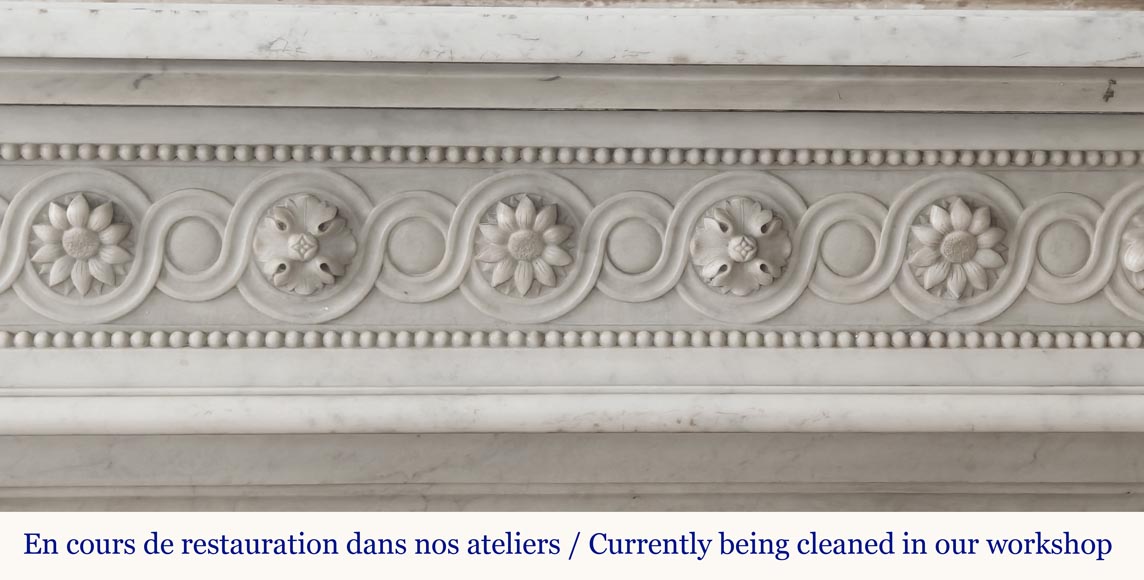 Louis XVI style fireplace in Carrara marble, decorated with pearls and macaroons Louis XVI style fireplace in Carrara marble, decorated with pearls and macaroons-1