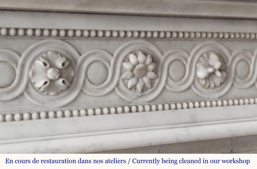 Louis XVI style fireplace in Carrara marble, decorated with pearls and macaroons Louis XVI style fireplace in Carrara marble, decorated with pearls and macaroons-2