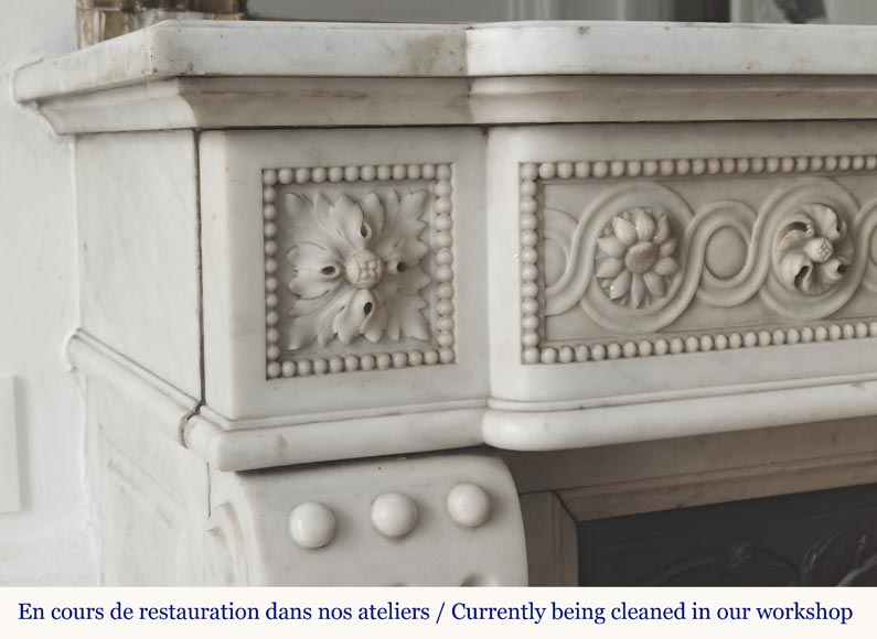 Louis XVI style fireplace in Carrara marble, decorated with pearls and macaroons Louis XVI style fireplace in Carrara marble, decorated with pearls and macaroons-4