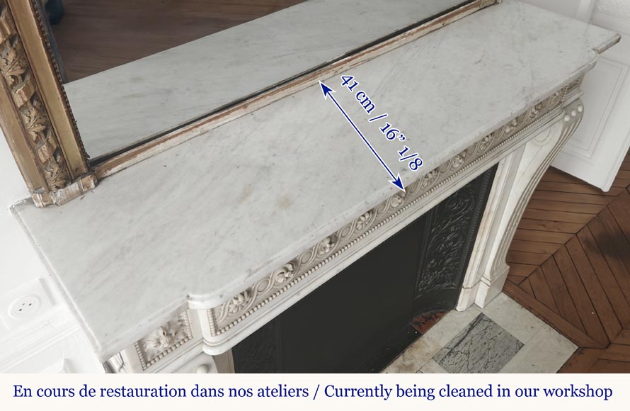 Louis XVI style fireplace in Carrara marble, decorated with pearls and macaroons Louis XVI style fireplace in Carrara marble, decorated with pearls and macaroons-11