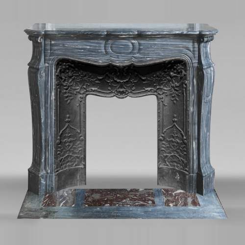 Louis XV style fireplace, Pompadour model, in blue Turquin marble