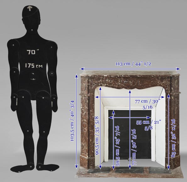 Louis XV style fireplace, Pompadour model, flat, in red marble from the North Louis XV style fireplace, Pompadour model, flat, in red marble from the North-9