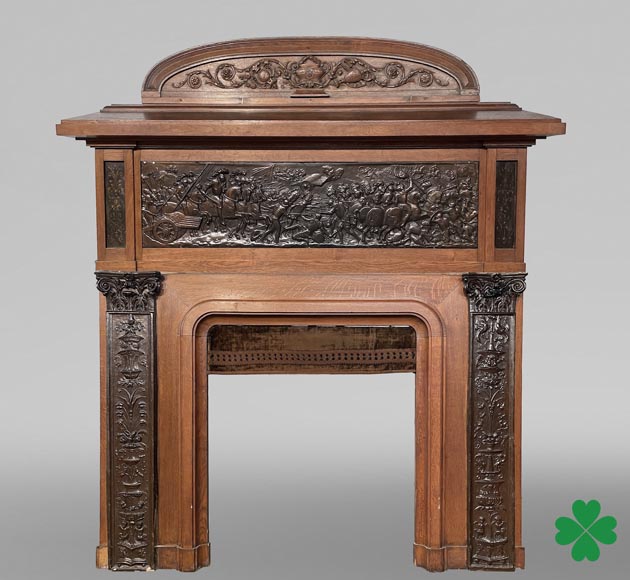 Oak Fireplace with Plaster Bas-Reliefs in Faux Bronze, dated 1896 -0