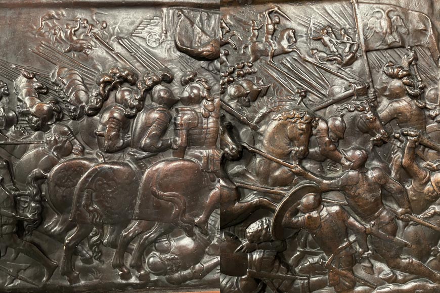 Oak Fireplace with Plaster Bas-Reliefs in Faux Bronze, dated 1896 -7