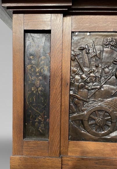 Oak Fireplace with Plaster Bas-Reliefs in Faux Bronze, dated 1896 -8