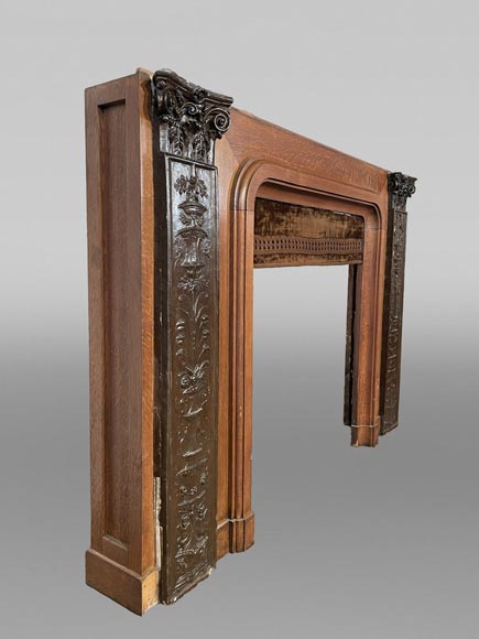 Oak Fireplace with Plaster Bas-Reliefs in Faux Bronze, dated 1896 -9