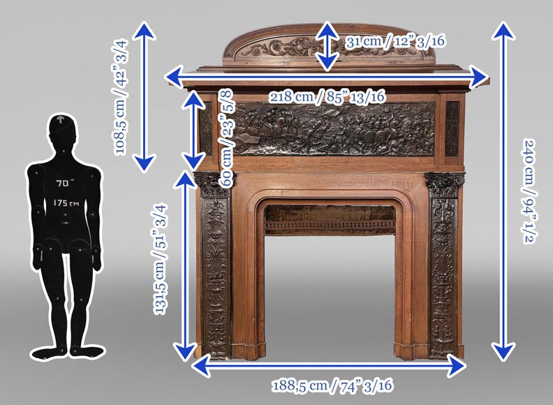 Oak Fireplace with Plaster Bas-Reliefs in Faux Bronze, dated 1896 -15
