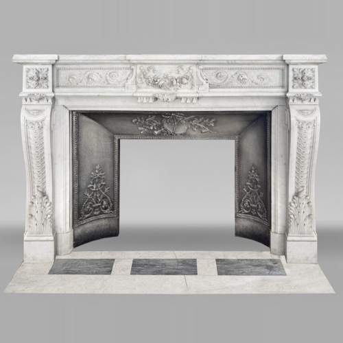 Beautiful Louis XVI style fireplace with very rich decoration, sculpted in Carrara marble
