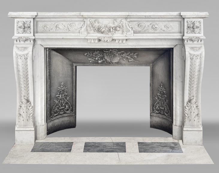 Beautiful Louis XVI style fireplace with very rich decoration, sculpted in Carrara marble Beautiful Louis XVI style fireplace with very rich decoration, sculpted in Carrara marble-0