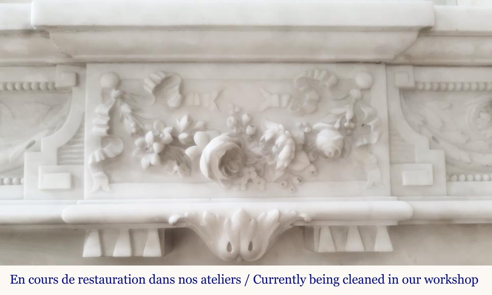 Beautiful Louis XVI style fireplace with very rich decoration, sculpted in Carrara marble Beautiful Louis XVI style fireplace with very rich decoration, sculpted in Carrara marble-2