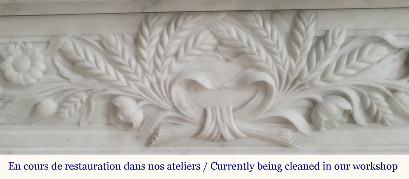 Louis XVI style fireplace in highly sculpted Carrara marble with floral decoration Louis XVI style fireplace in highly sculpted Carrara marble with floral decoration-2