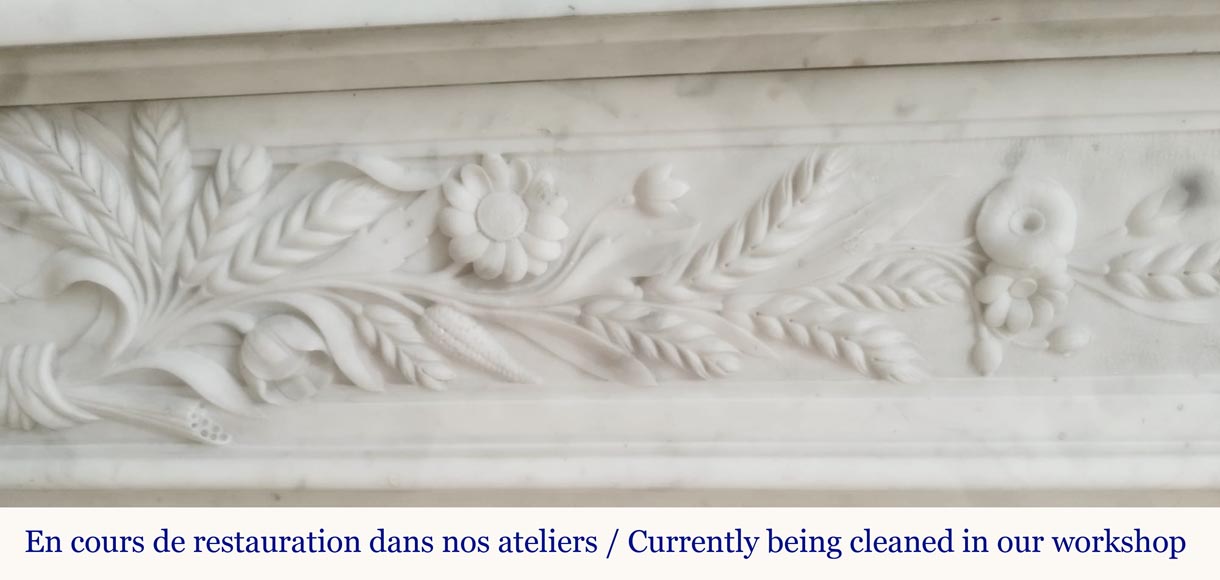 Louis XVI style fireplace in highly sculpted Carrara marble with floral decoration Louis XVI style fireplace in highly sculpted Carrara marble with floral decoration-3