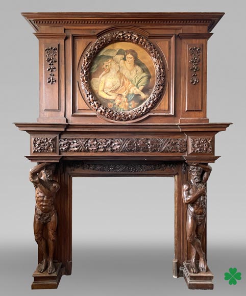 Monumental carved walnut fireplace with atlantes and painted medallion Monumental carved walnut fireplace with atlantes and painted medallion-0