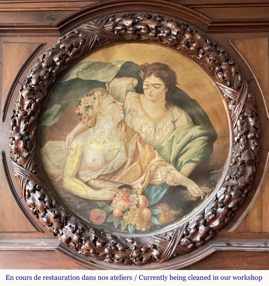 Monumental carved walnut fireplace with atlantes and painted medallion Monumental carved walnut fireplace with atlantes and painted medallion-1