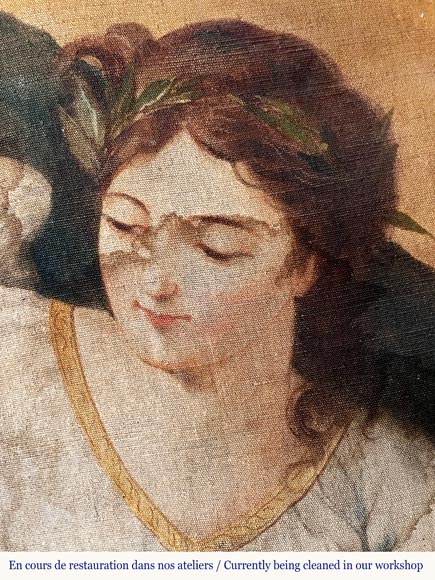 Monumental carved walnut fireplace with atlantes and painted medallion Monumental carved walnut fireplace with atlantes and painted medallion-2