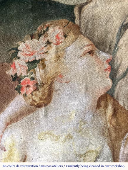 Monumental carved walnut fireplace with atlantes and painted medallion Monumental carved walnut fireplace with atlantes and painted medallion-3