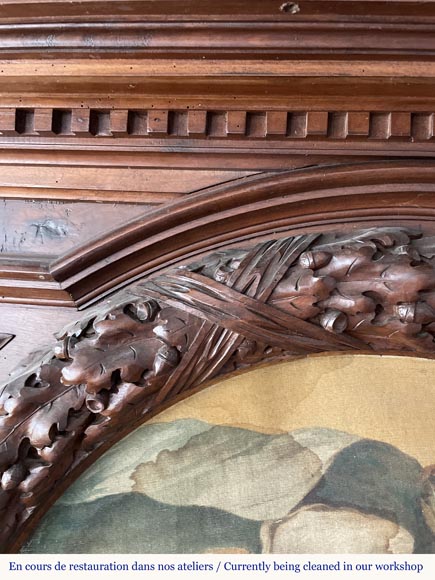 Monumental carved walnut fireplace with atlantes and painted medallion Monumental carved walnut fireplace with atlantes and painted medallion-4