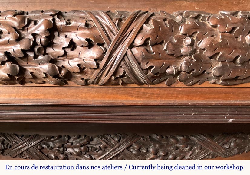 Monumental carved walnut fireplace with atlantes and painted medallion Monumental carved walnut fireplace with atlantes and painted medallion-7