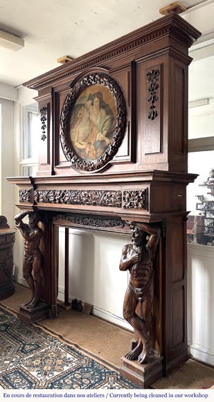 Monumental carved walnut fireplace with atlantes and painted medallion Monumental carved walnut fireplace with atlantes and painted medallion-8