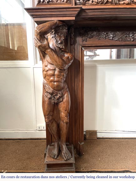 Monumental carved walnut fireplace with atlantes and painted medallion Monumental carved walnut fireplace with atlantes and painted medallion-10