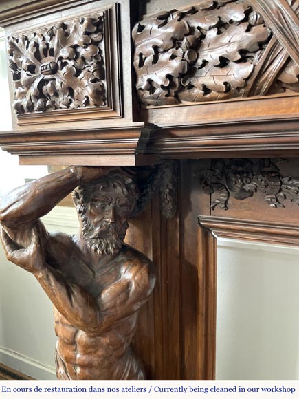 Monumental carved walnut fireplace with atlantes and painted medallion Monumental carved walnut fireplace with atlantes and painted medallion-11
