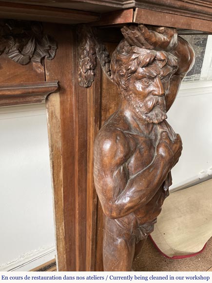 Monumental carved walnut fireplace with atlantes and painted medallion Monumental carved walnut fireplace with atlantes and painted medallion-12