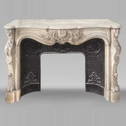 Louis XV style fireplace, highly sculpted in Carrara marble, decorated with flowers