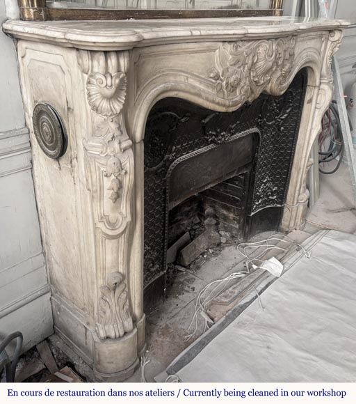 Louis XV style fireplace, highly sculpted in Carrara marble, decorated with flowers-5