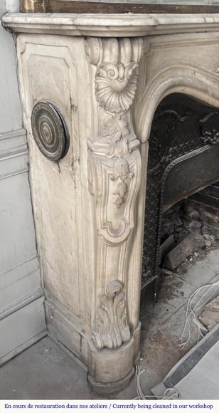 Louis XV style fireplace, highly sculpted in Carrara marble, decorated with flowers-6