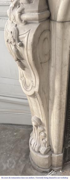 Louis XV style fireplace, highly sculpted in Carrara marble, decorated with flowers-7