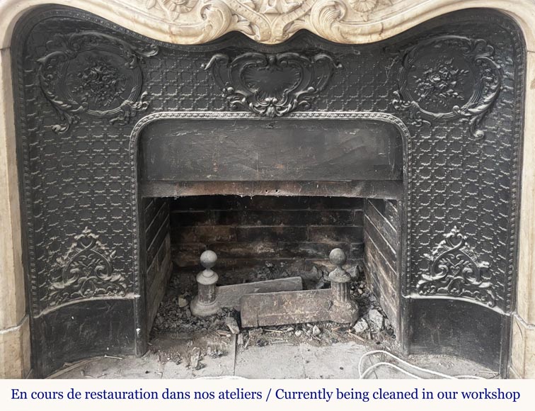 Louis XV style fireplace, highly sculpted in Carrara marble, decorated with flowers-11