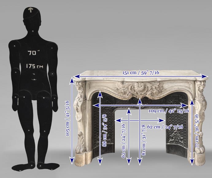 Louis XV style fireplace, highly sculpted in Carrara marble, decorated with flowers-13