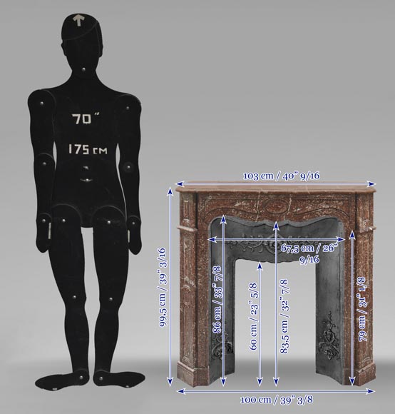 Louis XV style fireplace, Pompadour model, in red Campan marble Louis XV style fireplace, Pompadour model, in red Campan marble-8