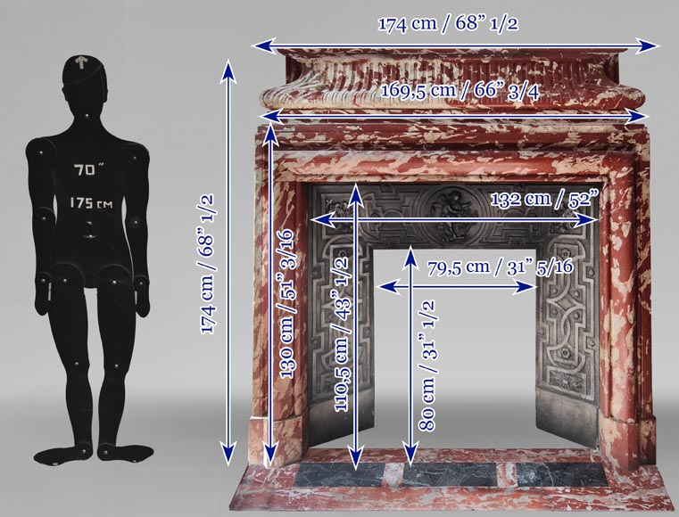 Louis XIV style fireplace with acroteria, in Red Languedoc marble Louis XIV style fireplace with acroteria, in Red Languedoc marble-11