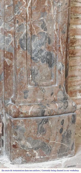 Louis XV period fireplace in Rouge Royal marble, decorated with a shell-4